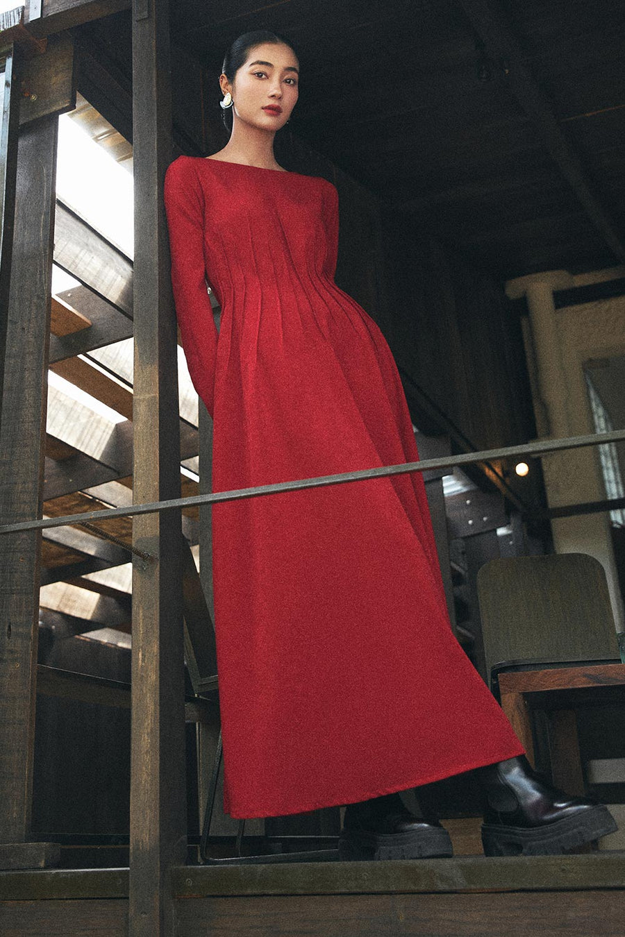 Kaliyah A-line Long Sleeved Spandex Velvet Midi Dress 10