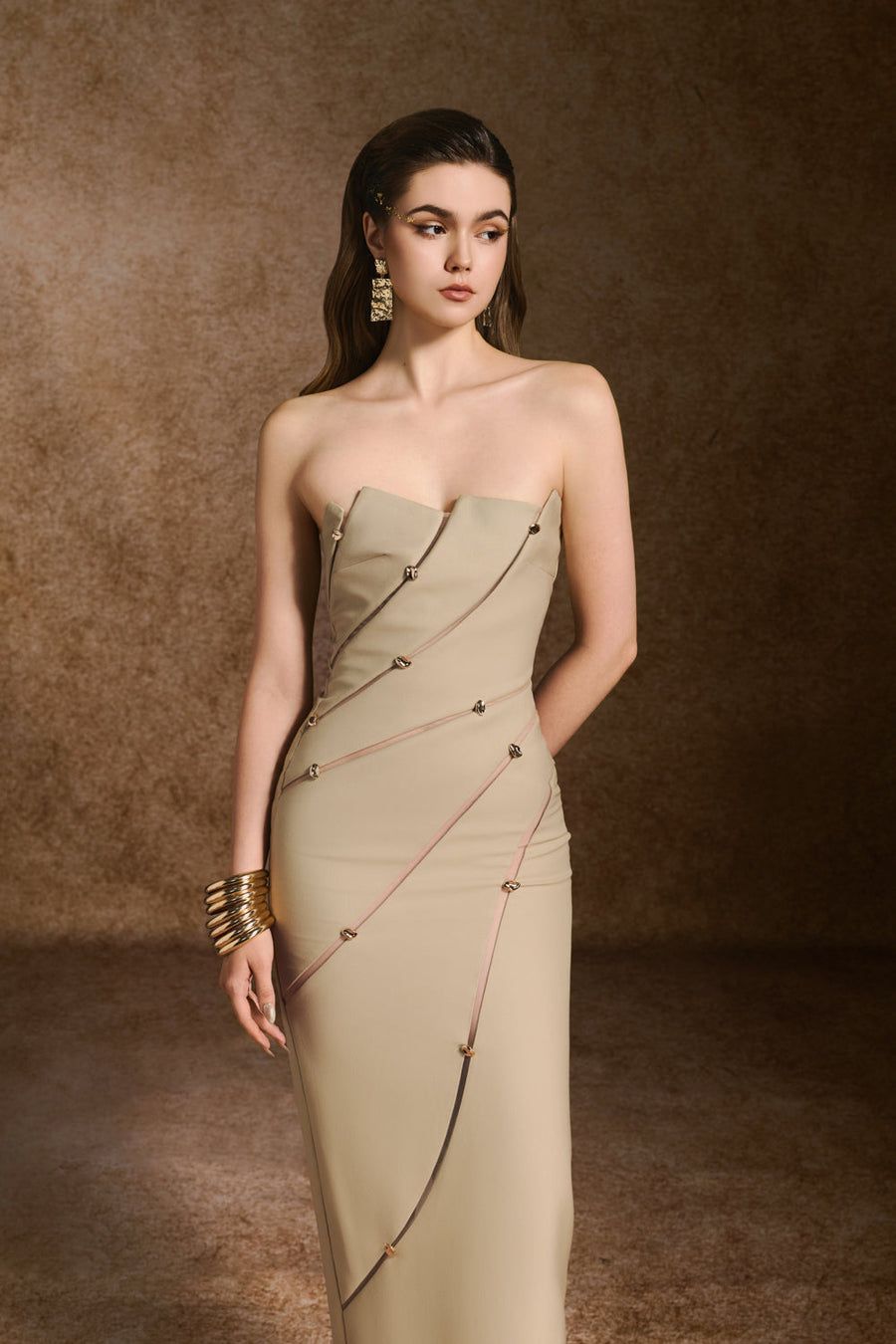 Tranquil Sheath Sleeveless Khaki Calf Length Dress 3