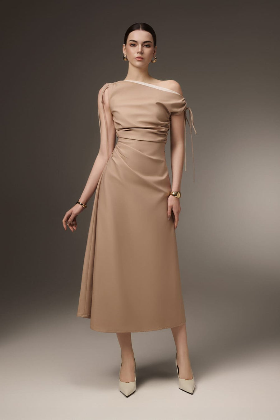Linea A-line Asymmetric Neck Khaki Calf Length Dress 6