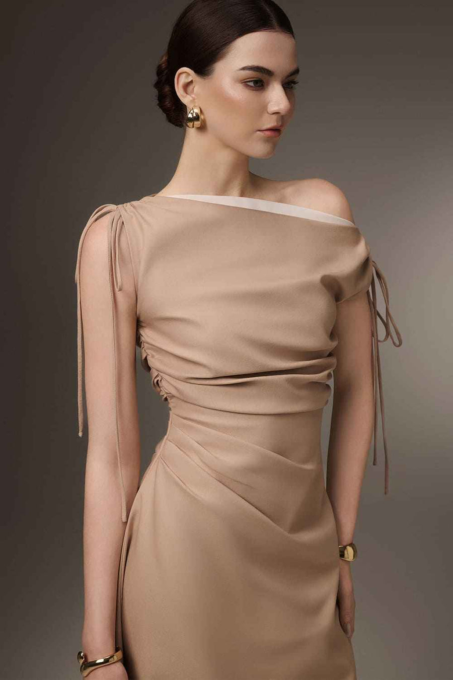 Linea A-line Asymmetric Neck Khaki Calf Length Dress