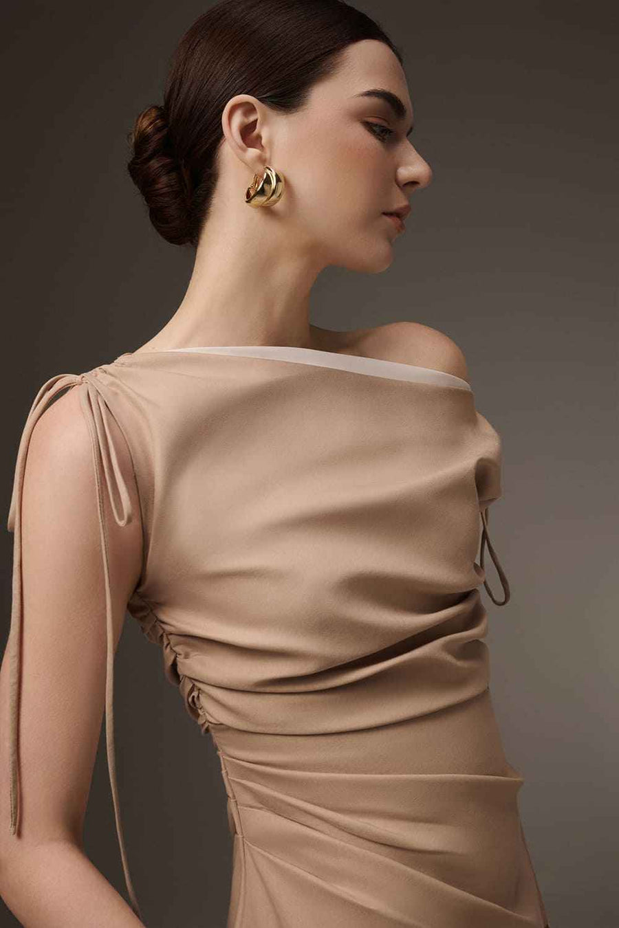Linea A-line Asymmetric Neck Khaki Calf Length Dress