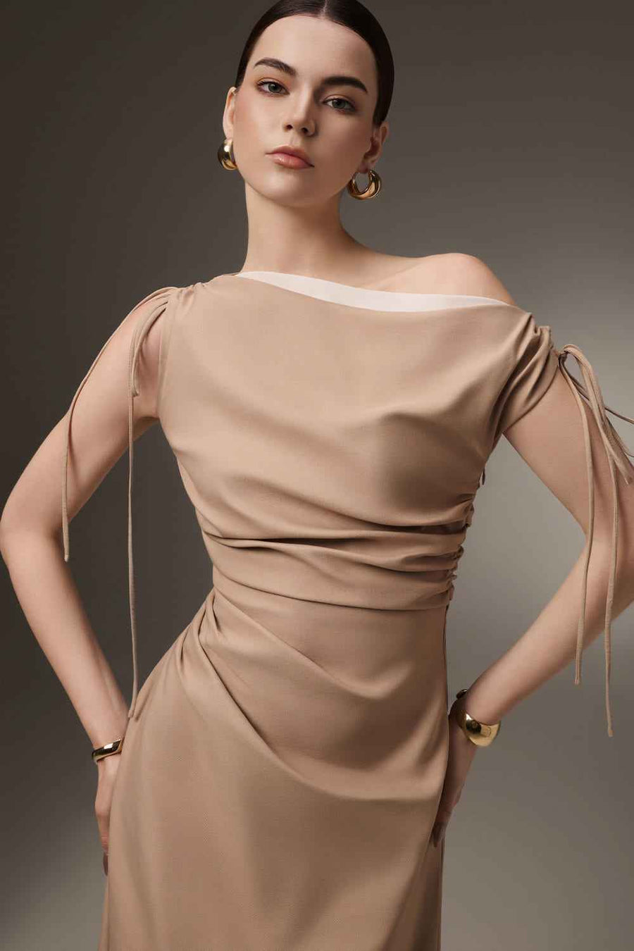 Linea A-line Asymmetric Neck Khaki Calf Length Dress