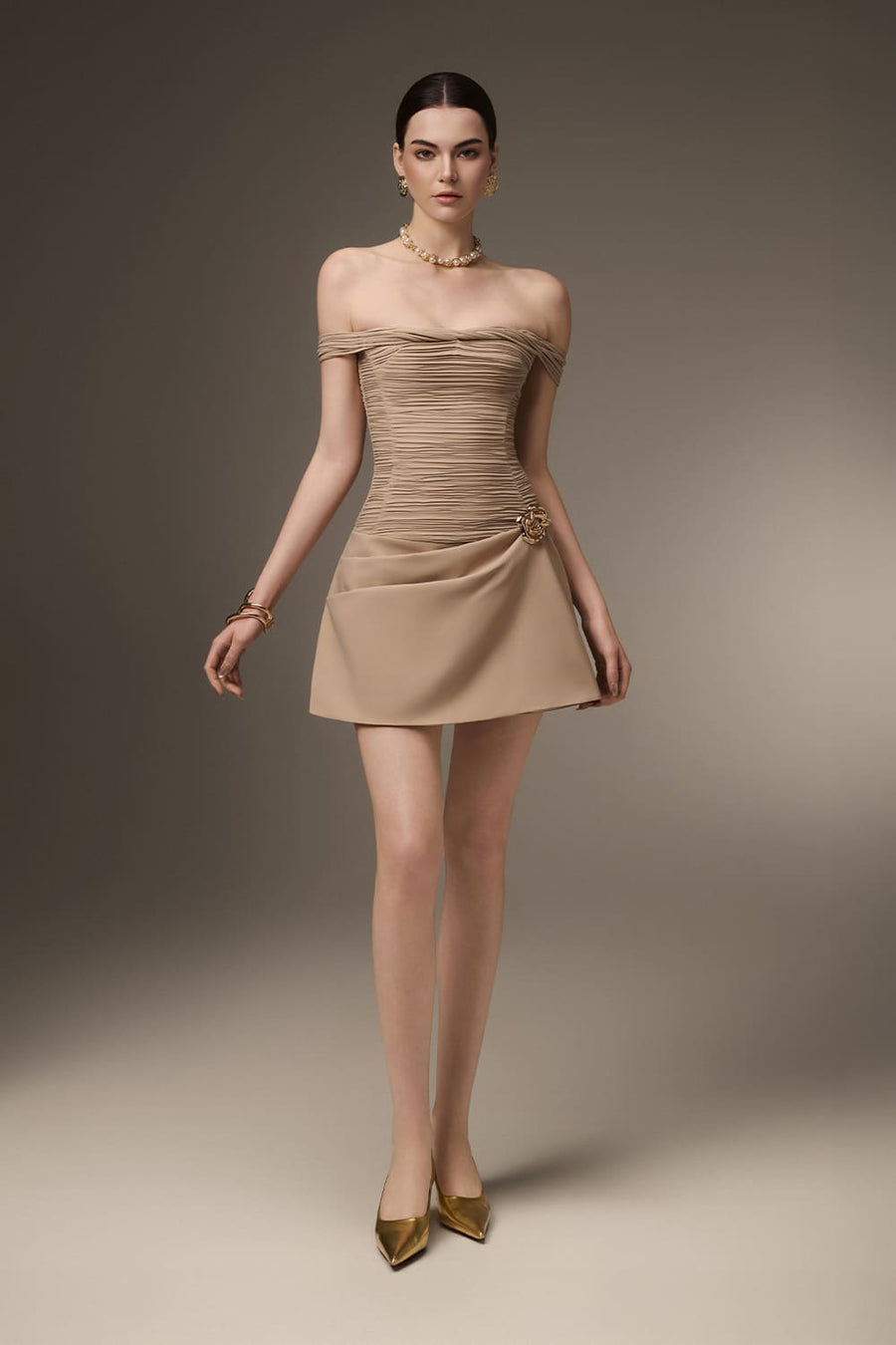 Sandie A-line Off-Shoulder Khaki Mini Dress 5