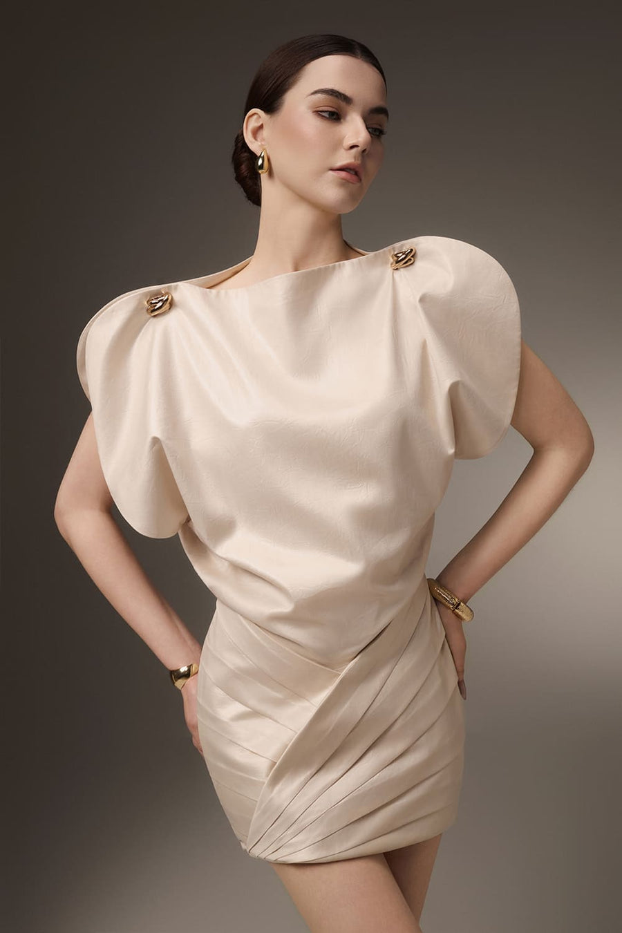 Demure Bodycon Boat Neck Poly Silk Mini Dress 3