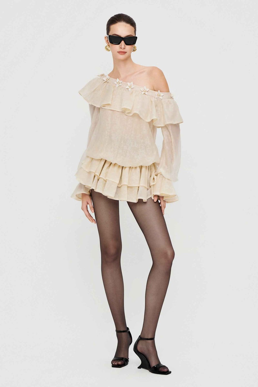 Lavallière Asymmetric Neck Applique Mini Dress