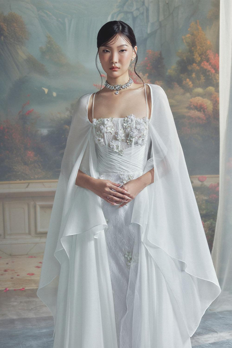 Le Blanc A-line Cape Sleeved Chiffon Maxi Dress Gown Dress LINH PHUNG