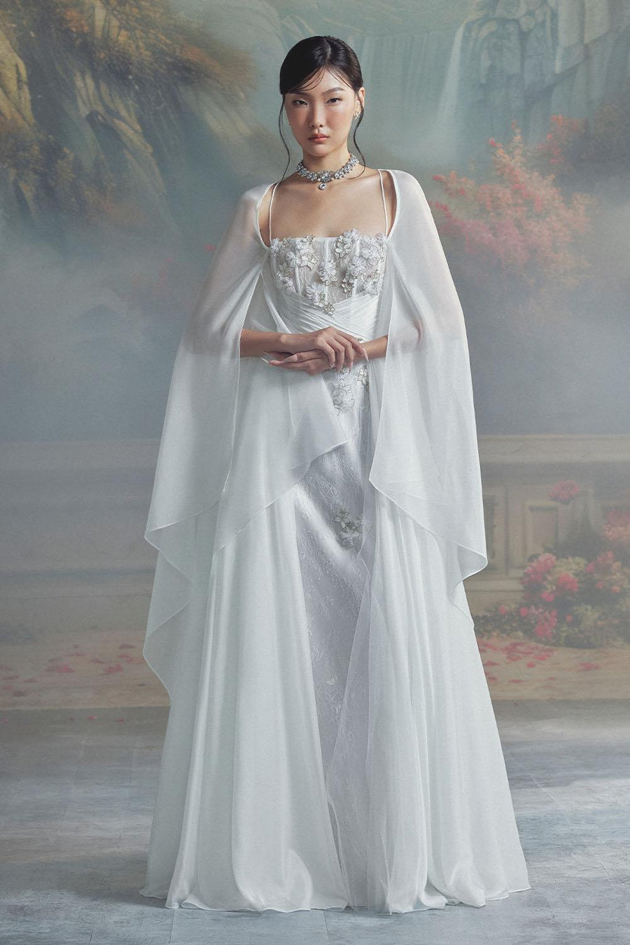 Le Blanc A-line Cape Sleeved Chiffon Maxi Dress Gown Dress LINH PHUNG