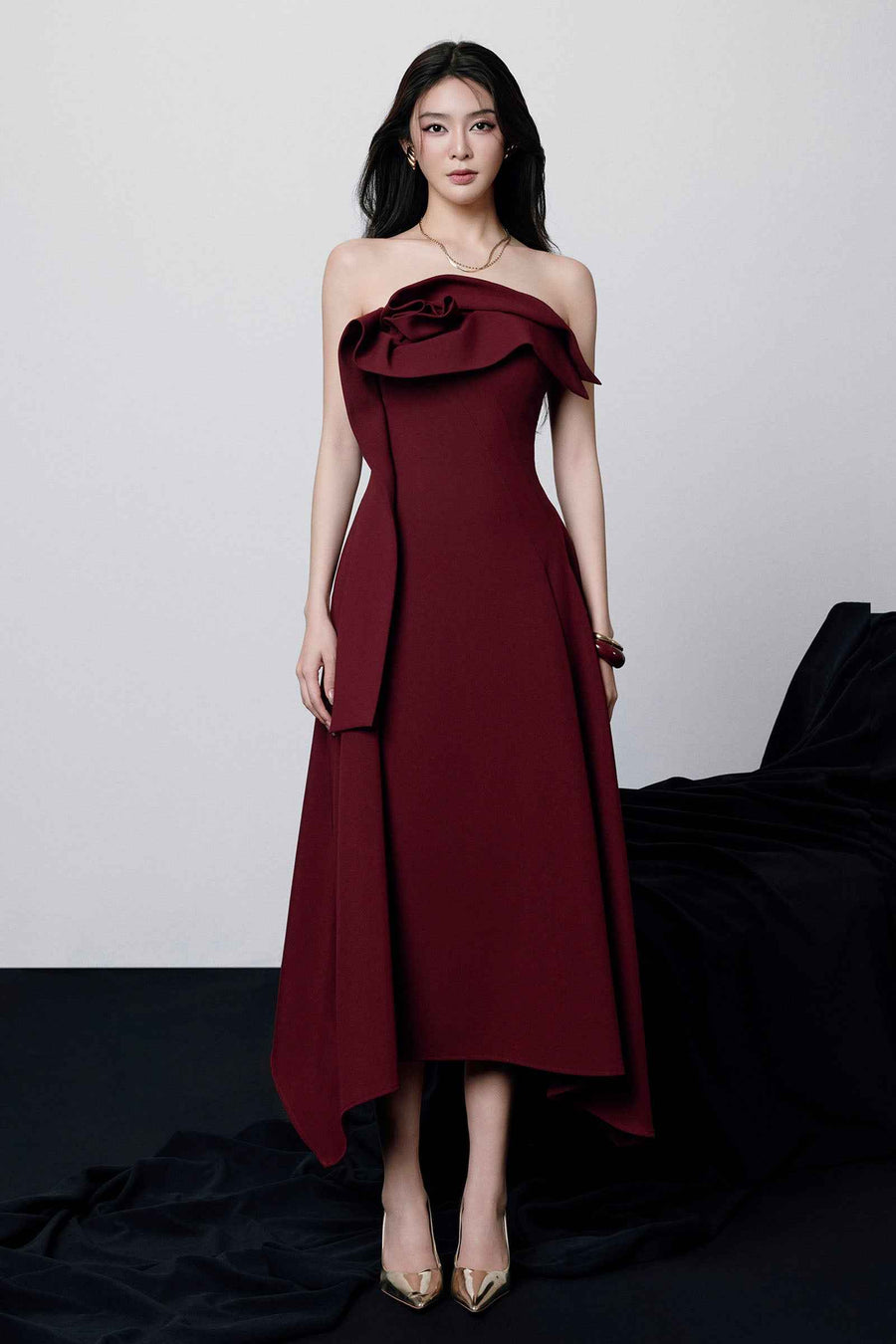Lenora Straight Across Ruffle Midi Dress