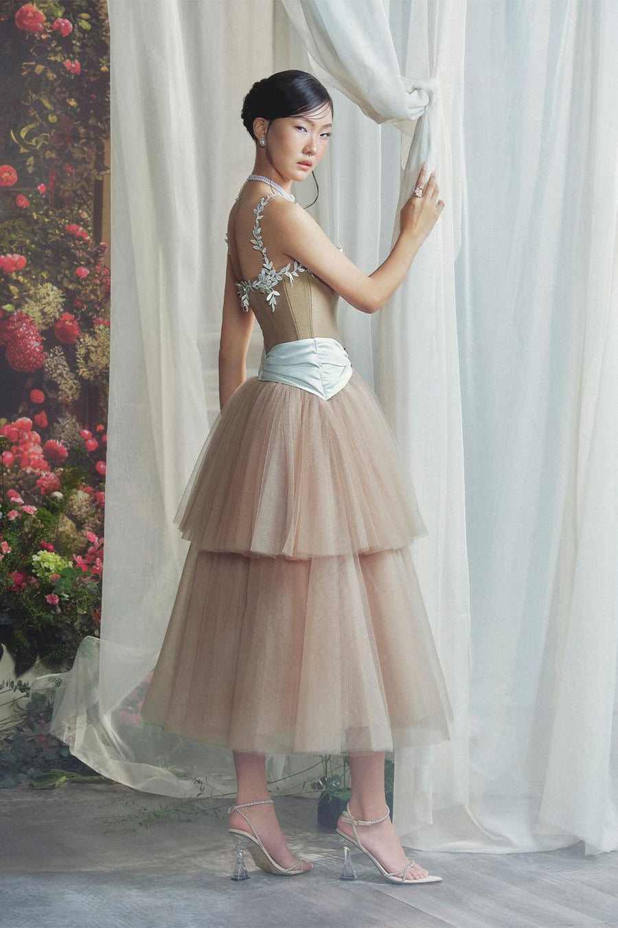 Lincold Gathered Layered Mesh Taffeta Calf Length Dress Midi Dress LINH PHUNG