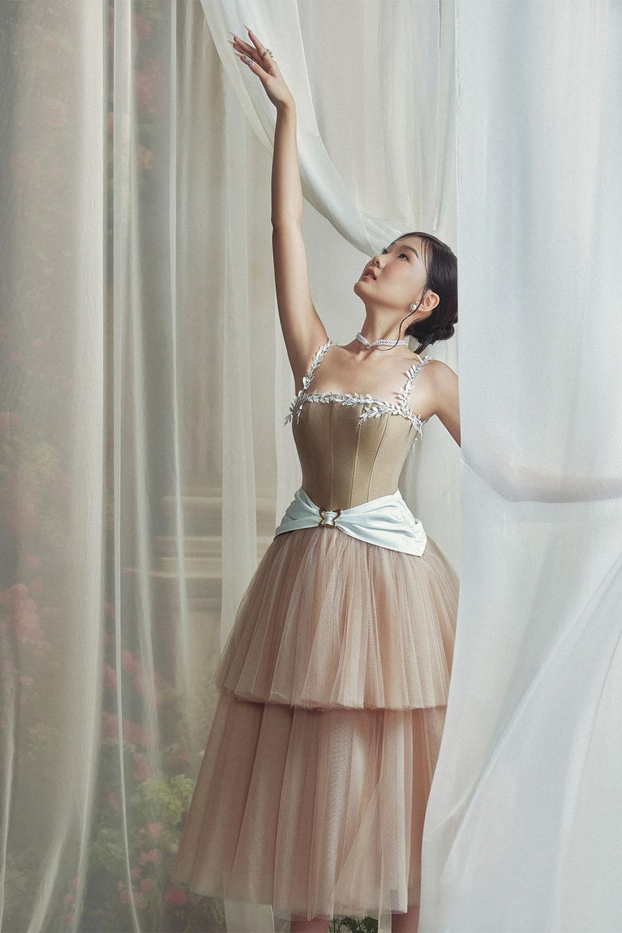 Lincold Gathered Layered Mesh Taffeta Calf Length Dress Midi Dress LINH PHUNG