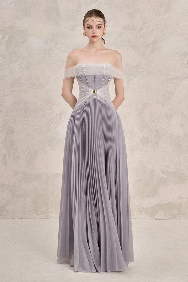 Riona Pleated Off-Shoulder Silk Floor Length Dress