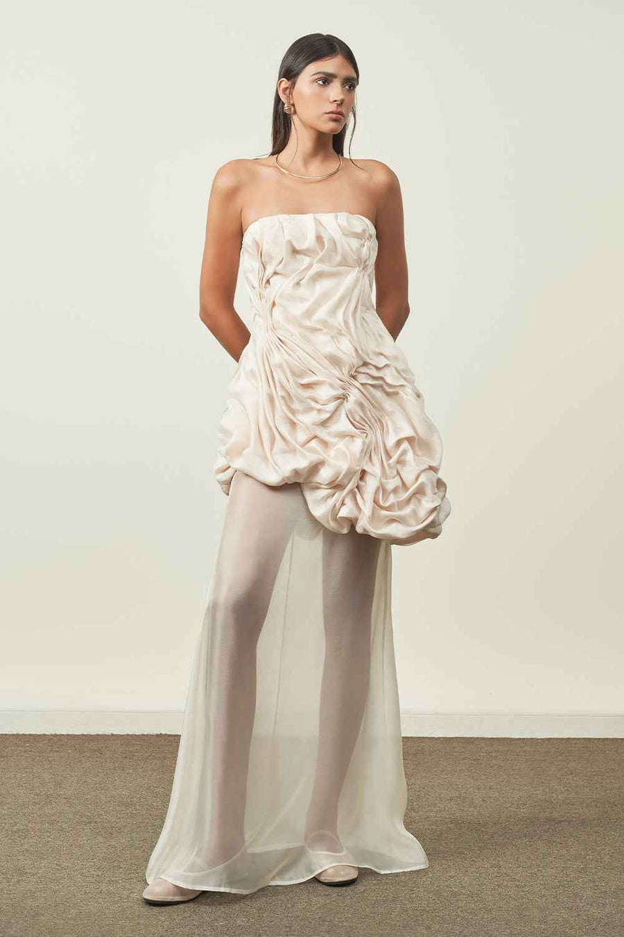 Hai Duong Asymmetric Straight Across Neck Silk Organza Top