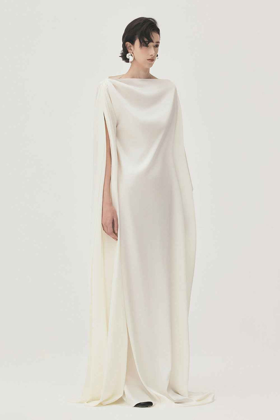 Quyen Trapezoid Boat Neck Satin Maxi Dress