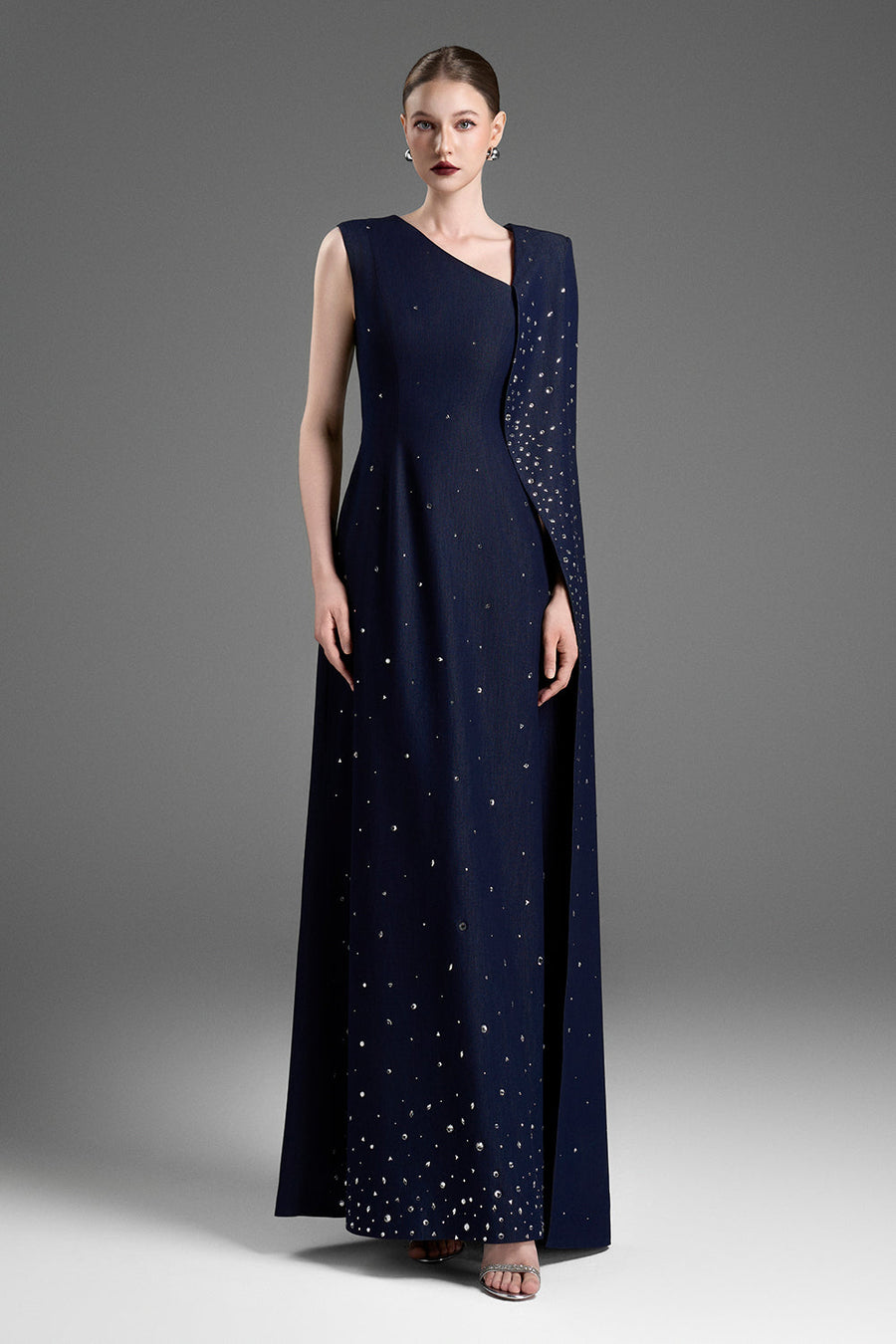 Lucia Asymmetric Neck Rhinestones Maxi Dress 1