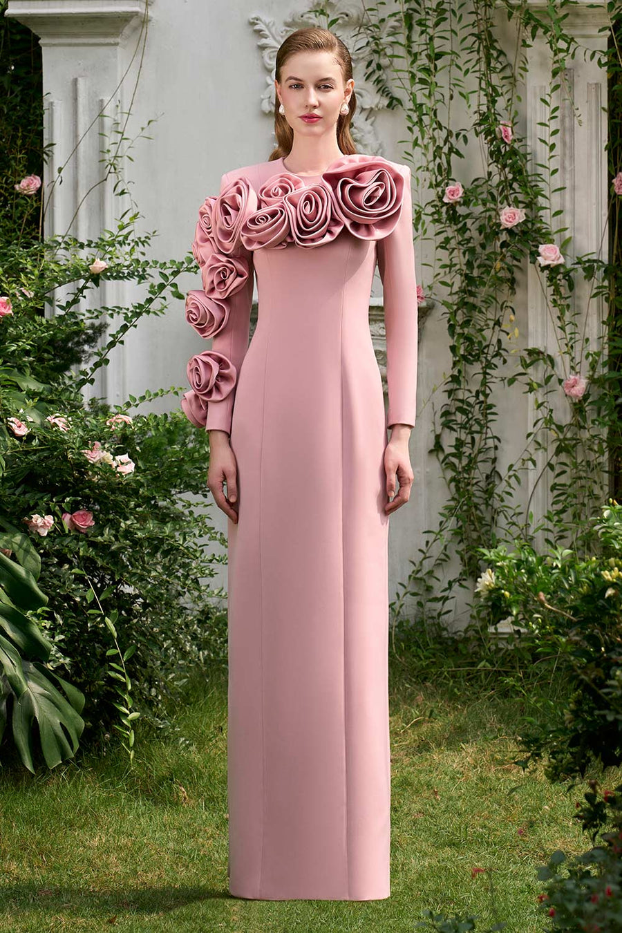 Laurel Sheath Flower Applique Silk Crepe Floor Length Dress Gown Dress I.H.F Atelier