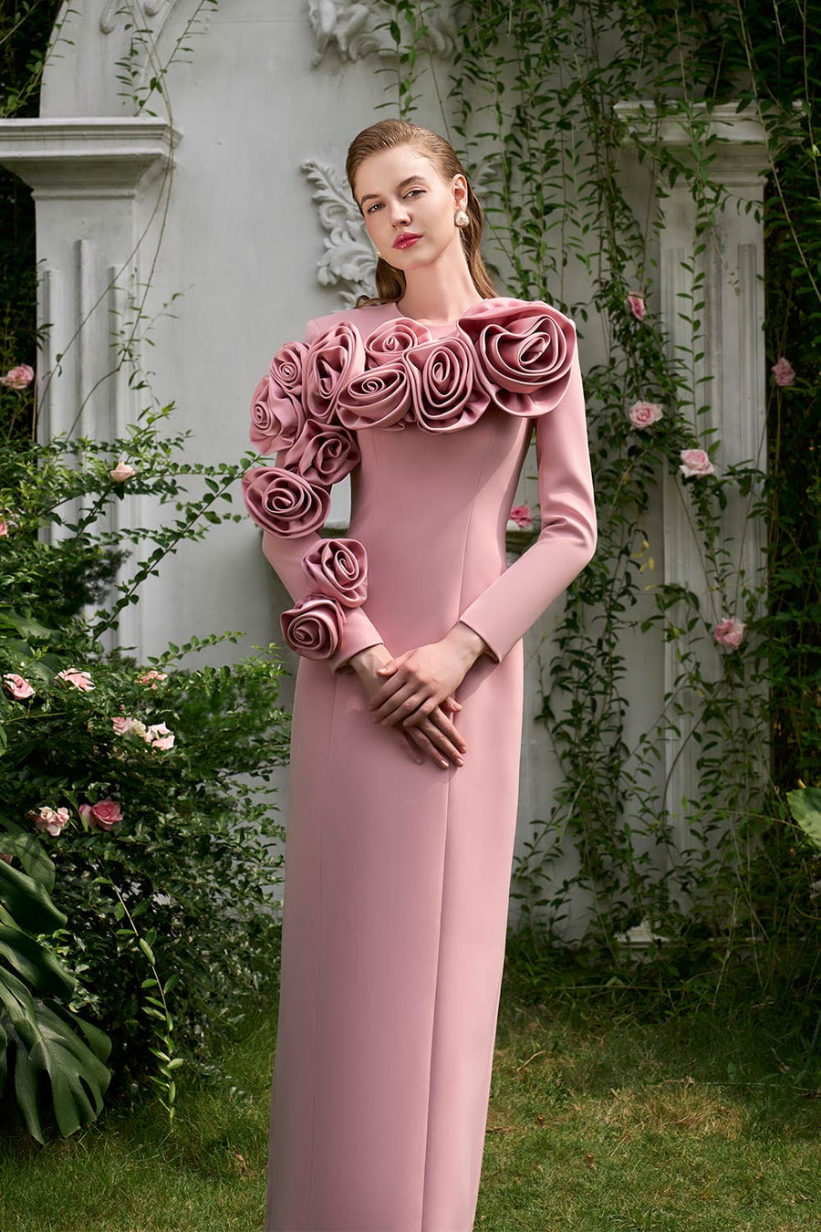 Laurel Sheath Flower Applique Silk Crepe Floor Length Dress Gown Dress I.H.F Atelier