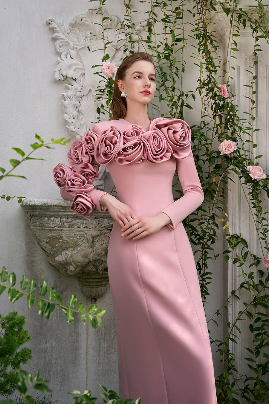 Laurel Sheath Flower Applique Silk Crepe Floor Length Dress Gown Dress I.H.F Atelier