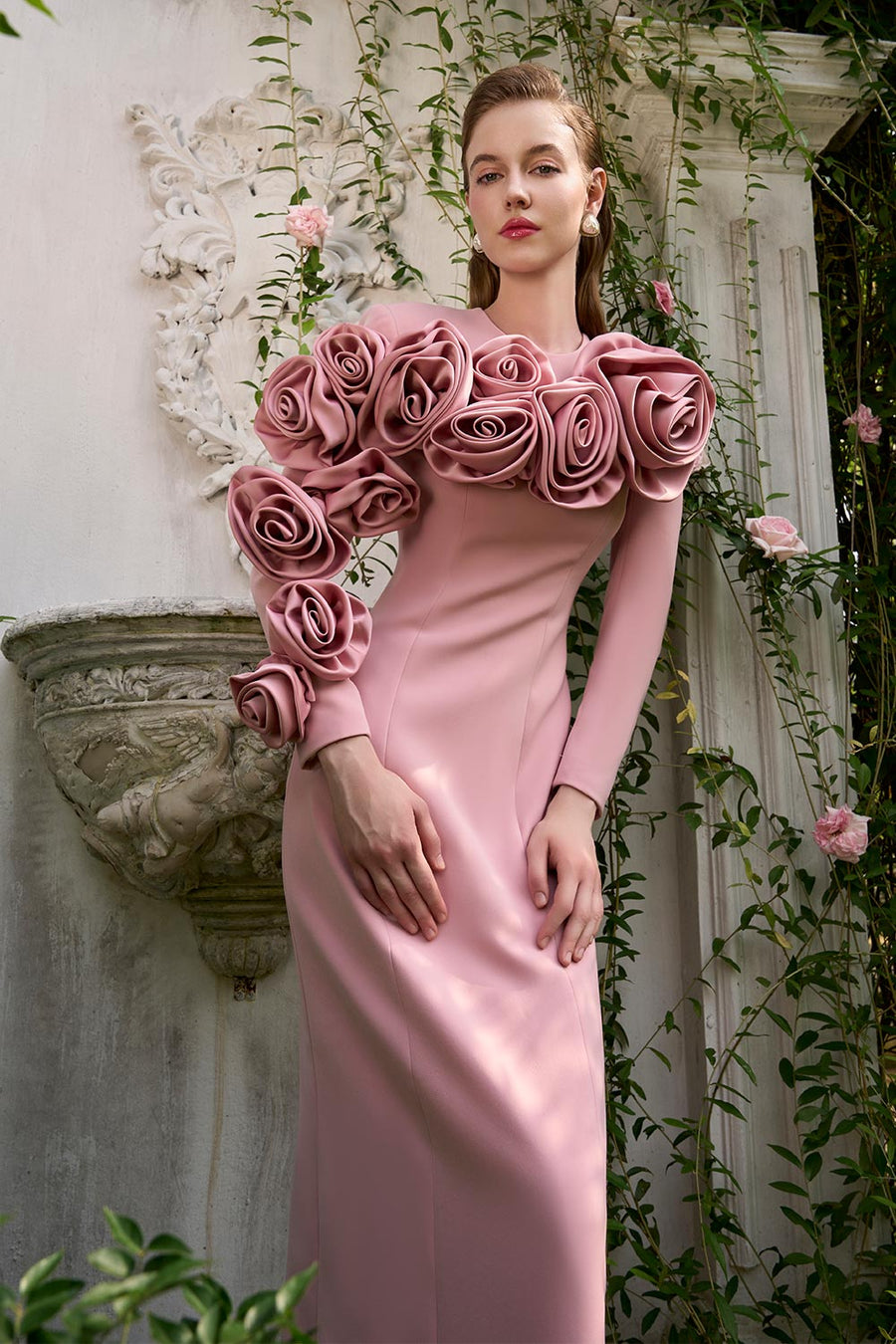 Laurel Sheath Flower Applique Silk Crepe Floor Length Dress Gown Dress I.H.F Atelier