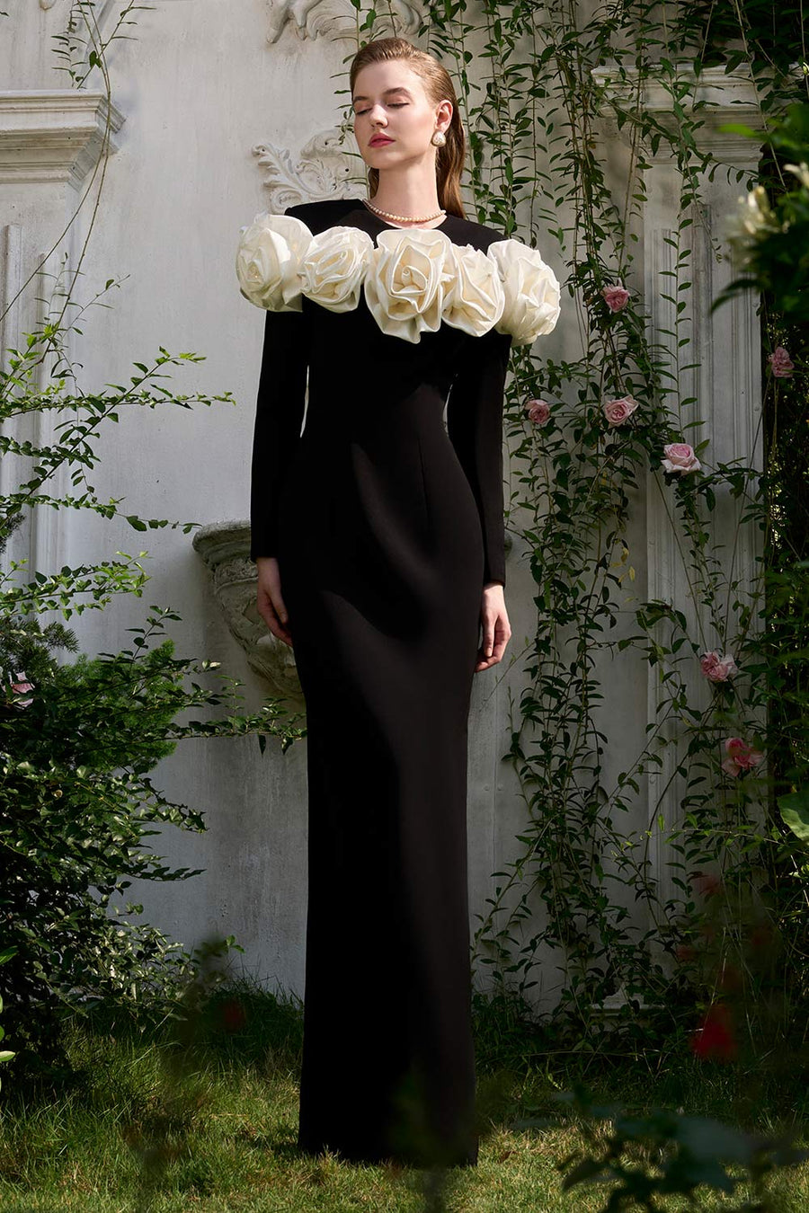 Denver Sheath Flower Applique Crepe Floor Length Dress Gown Dress I.H.F Atelier