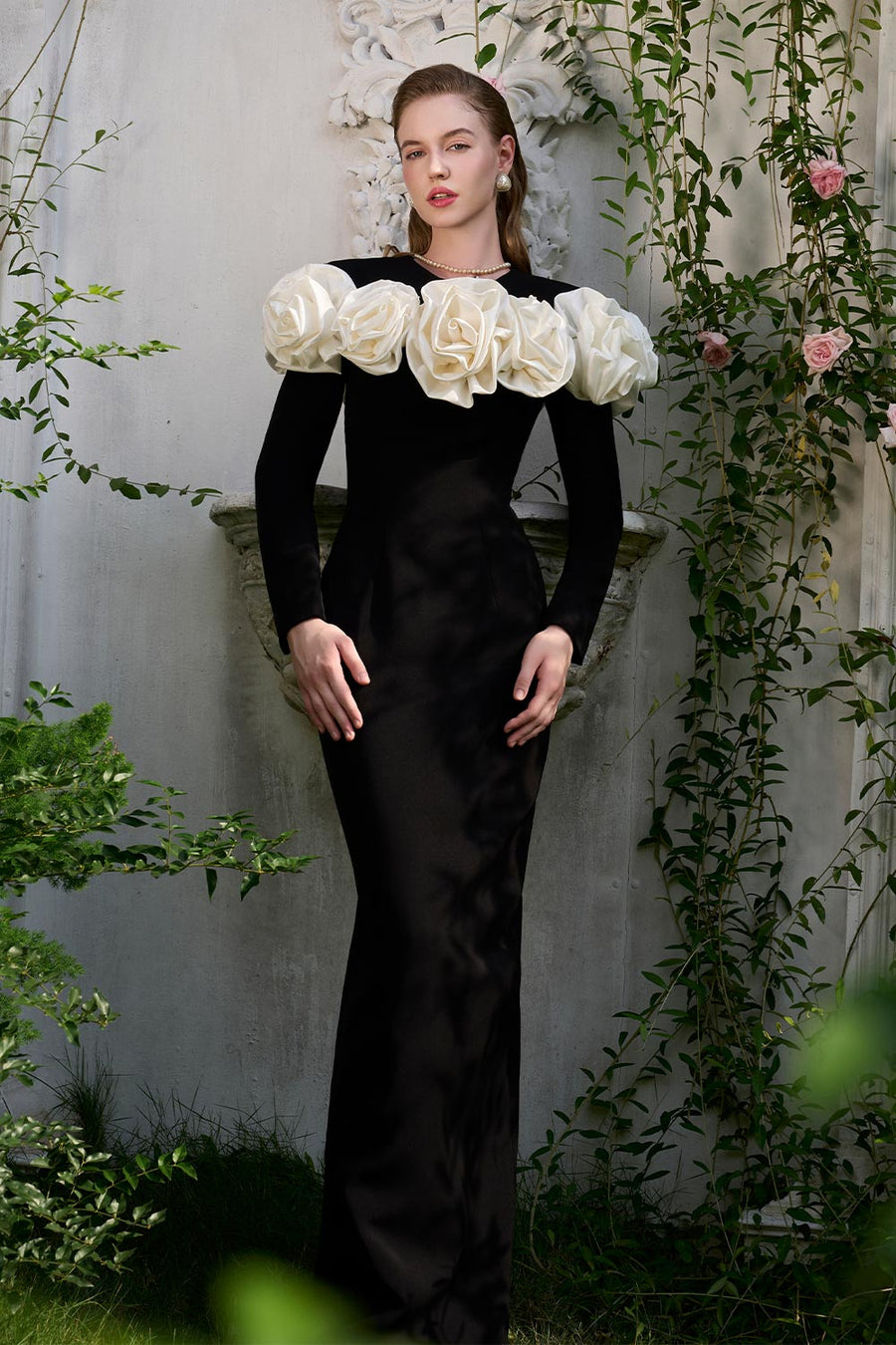 Denver Sheath Flower Applique Crepe Floor Length Dress Gown Dress I.H.F Atelier