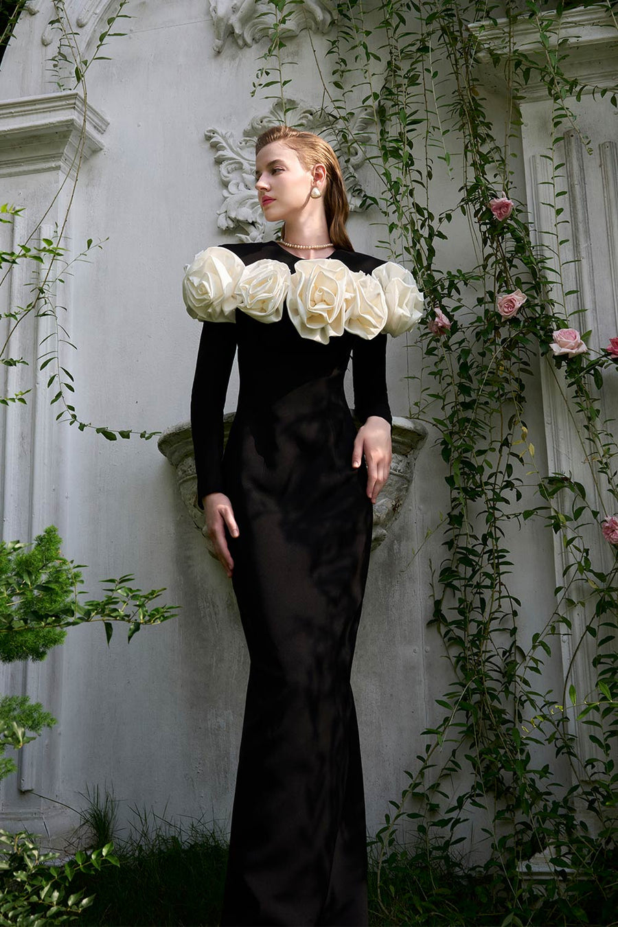 Denver Sheath Flower Applique Crepe Floor Length Dress Gown Dress I.H.F Atelier