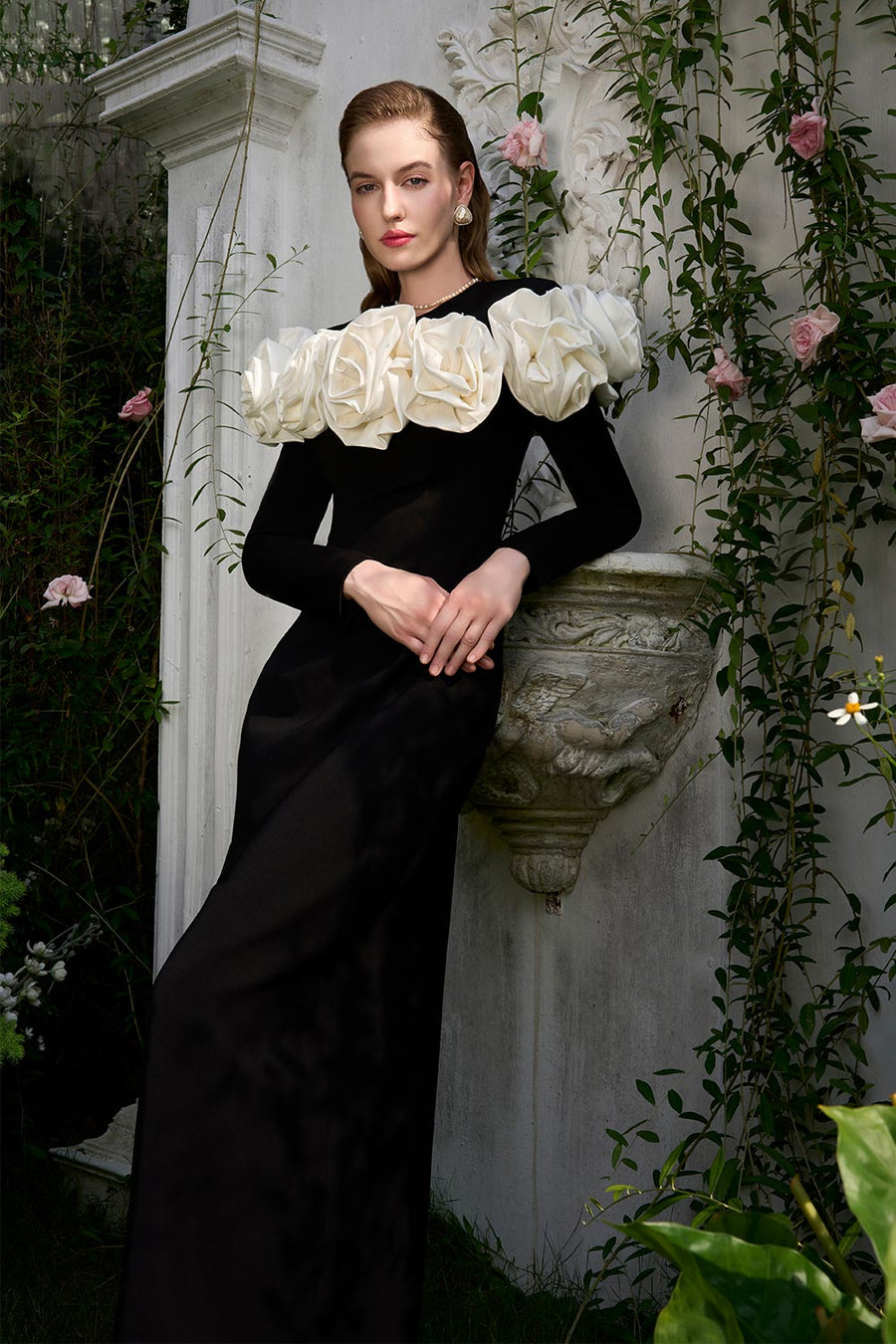 Denver Sheath Flower Applique Crepe Floor Length Dress Gown Dress I.H.F Atelier