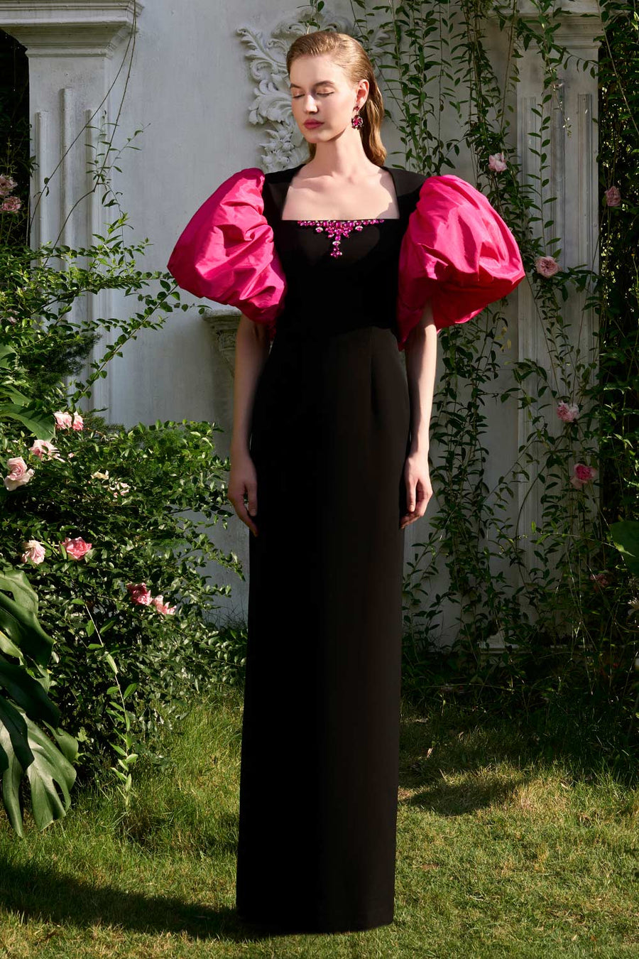 Rosemary Sheath Bubble Sleeved Crepe Floor Length Dress Gown Dress I.H.F Atelier