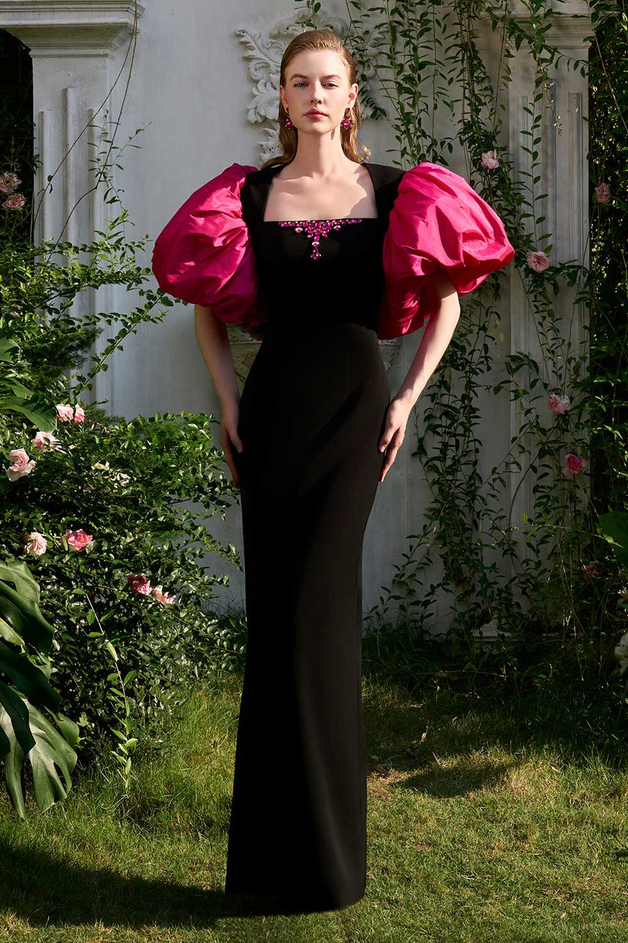 Rosemary Sheath Bubble Sleeved Crepe Floor Length Dress Gown Dress I.H.F Atelier