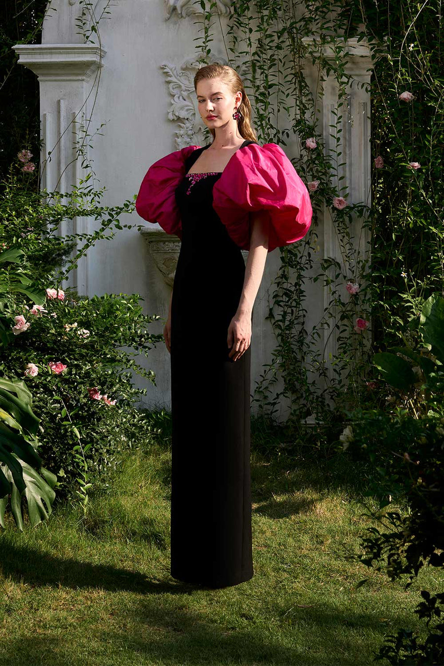 Rosemary Sheath Bubble Sleeved Crepe Floor Length Dress Gown Dress I.H.F Atelier