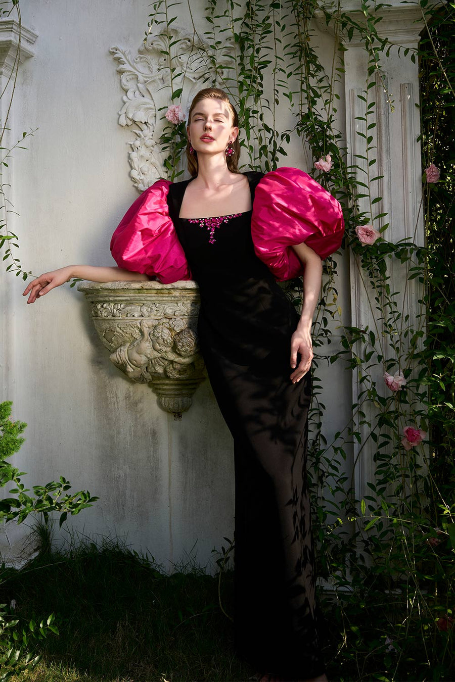 Rosemary Sheath Bubble Sleeved Crepe Floor Length Dress Gown Dress I.H.F Atelier