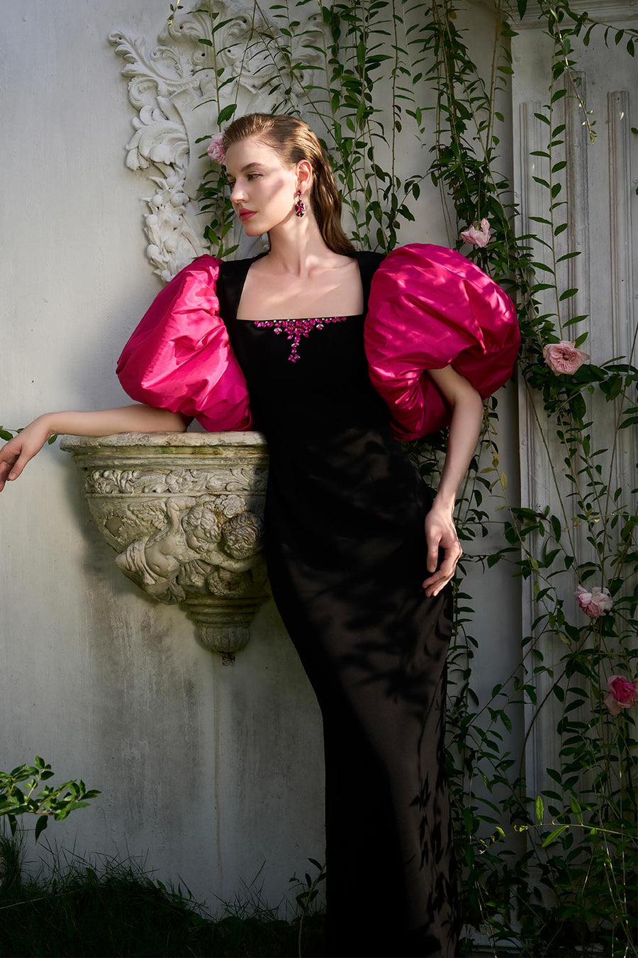 Rosemary Sheath Bubble Sleeved Crepe Floor Length Dress Gown Dress I.H.F Atelier