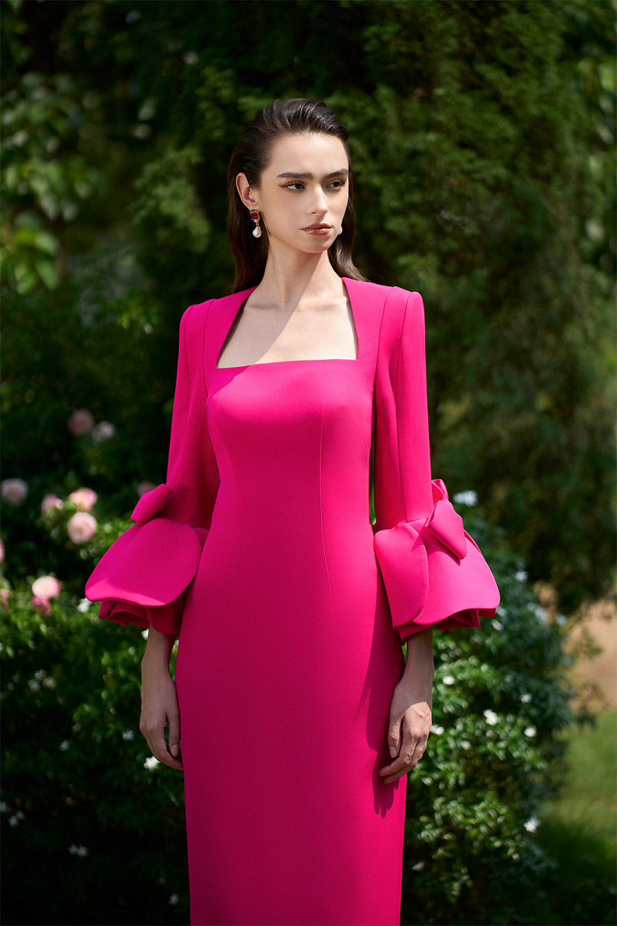 Maisie Sheath Flute Sleeved Crepe Floor Length Dress Gown Dress I.H.F Atelier
