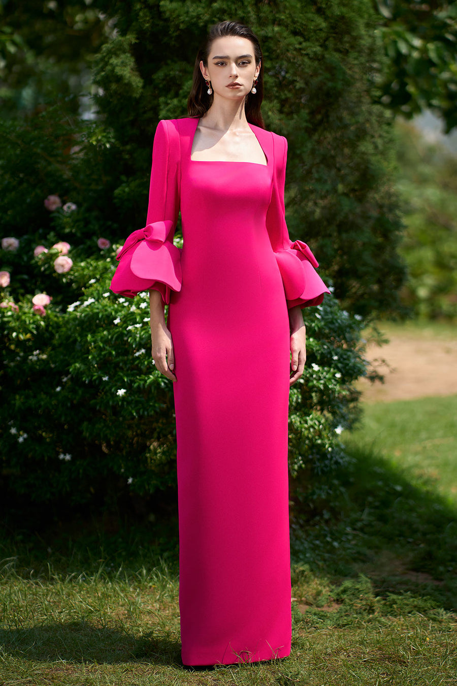 Maisie Sheath Flute Sleeved Crepe Floor Length Dress Gown Dress I.H.F Atelier