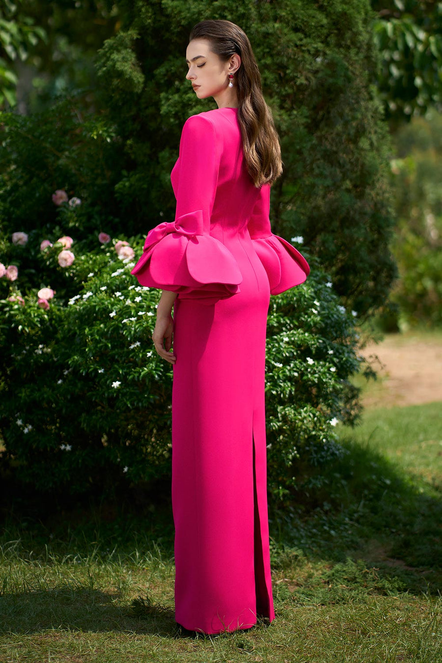Maisie Sheath Flute Sleeved Crepe Floor Length Dress Gown Dress I.H.F Atelier