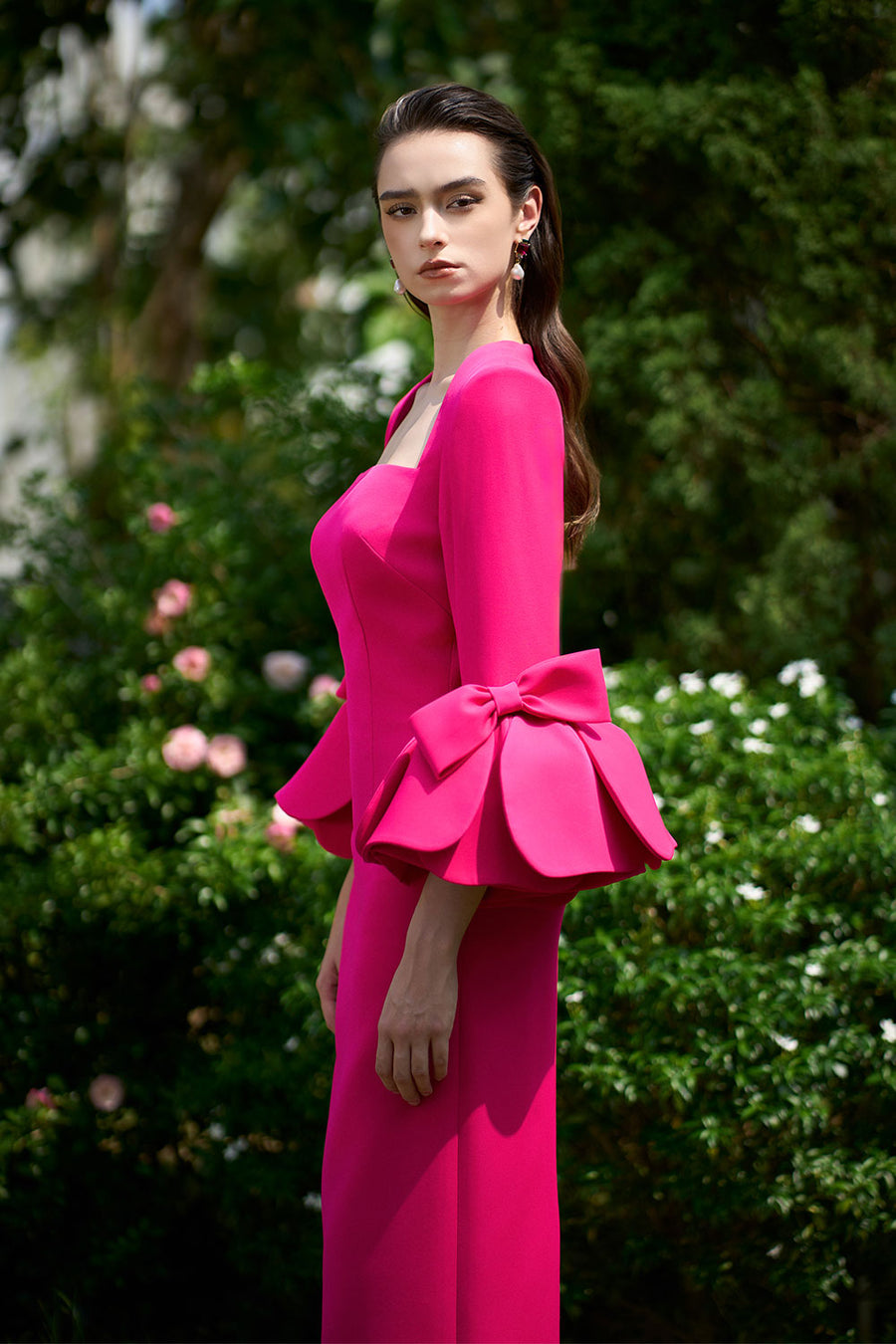 Maisie Sheath Flute Sleeved Crepe Floor Length Dress Gown Dress I.H.F Atelier