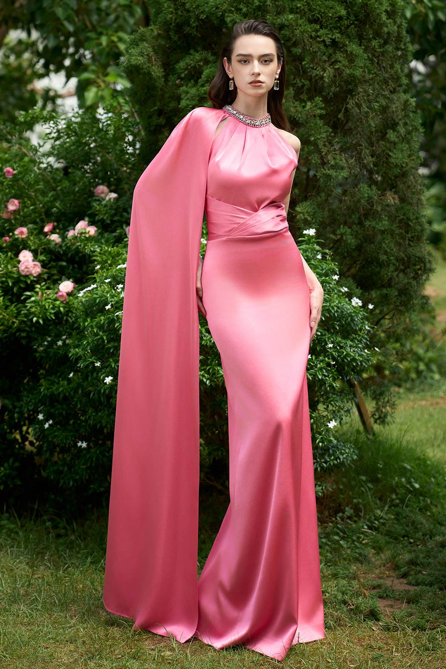 Colette Halter Extended Flap Silk Floor Length Dress Peach Pink Gown Dress I.H.F Atelier