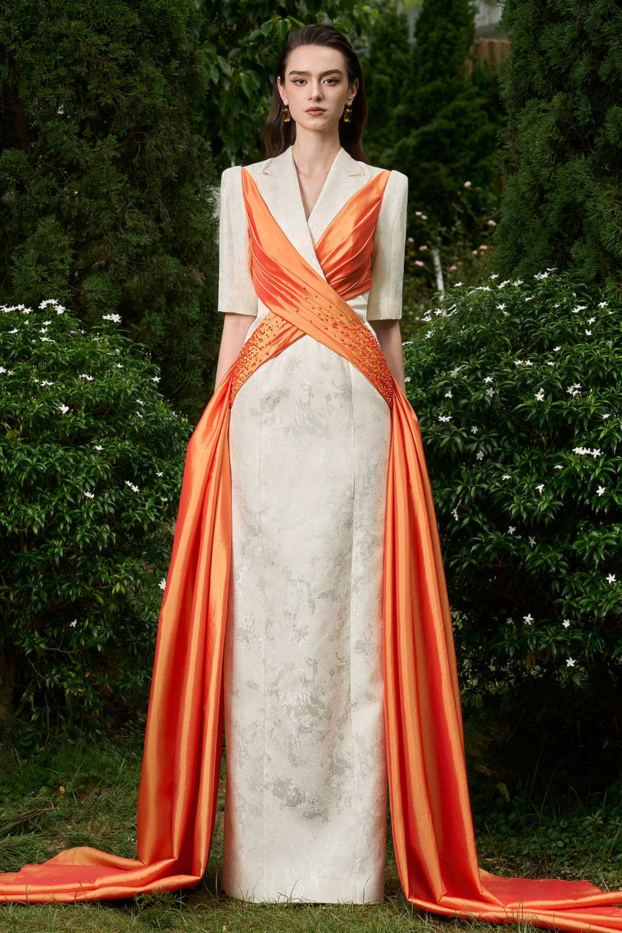 Piper Crossover Symmetric Flap Brocade Extra Long Length Dress Gown Dress I.H.F Atelier