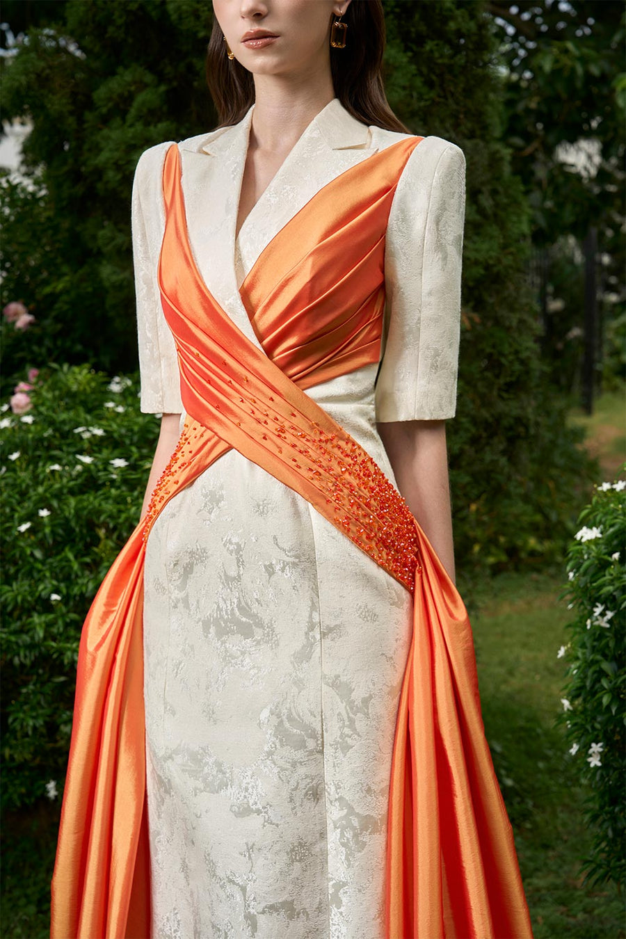 Piper Crossover Symmetric Flap Brocade Extra Long Length Dress Gown Dress I.H.F Atelier