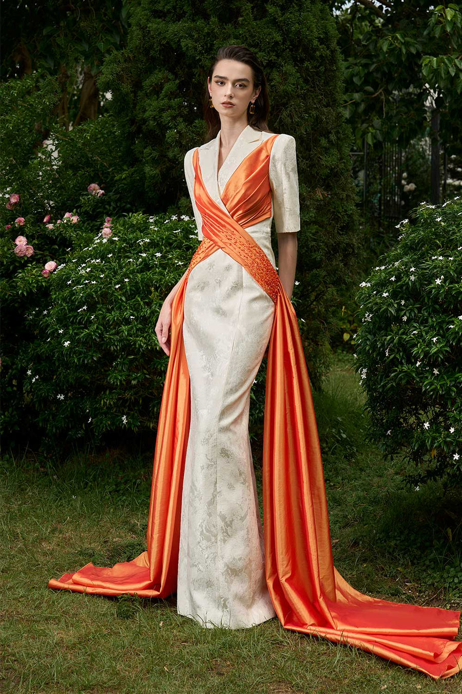 Piper Crossover Symmetric Flap Brocade Extra Long Length Dress Gown Dress I.H.F Atelier