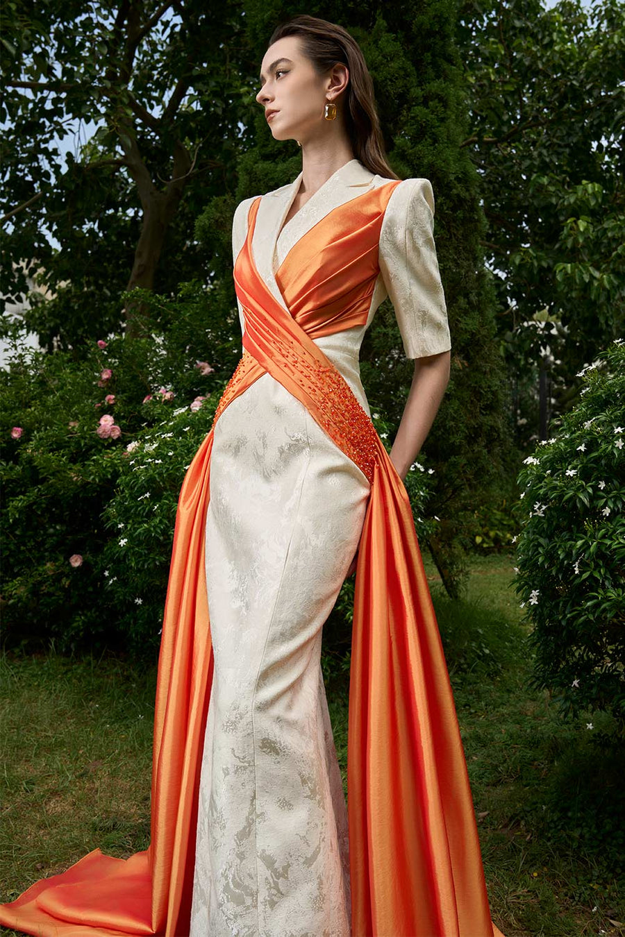 Piper Crossover Symmetric Flap Brocade Extra Long Length Dress Gown Dress I.H.F Atelier