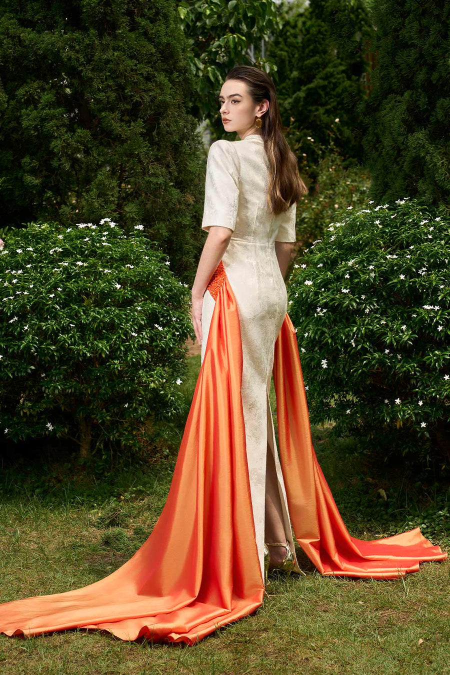 Piper Crossover Symmetric Flap Brocade Extra Long Length Dress Gown Dress I.H.F Atelier