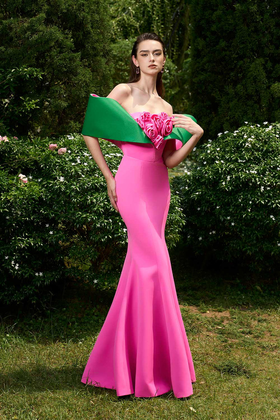 Mikaela Trumpet Off-Shoulder Silk Crepe Floor Length Dress Pink Green Gown Dress I.H.F Atelier