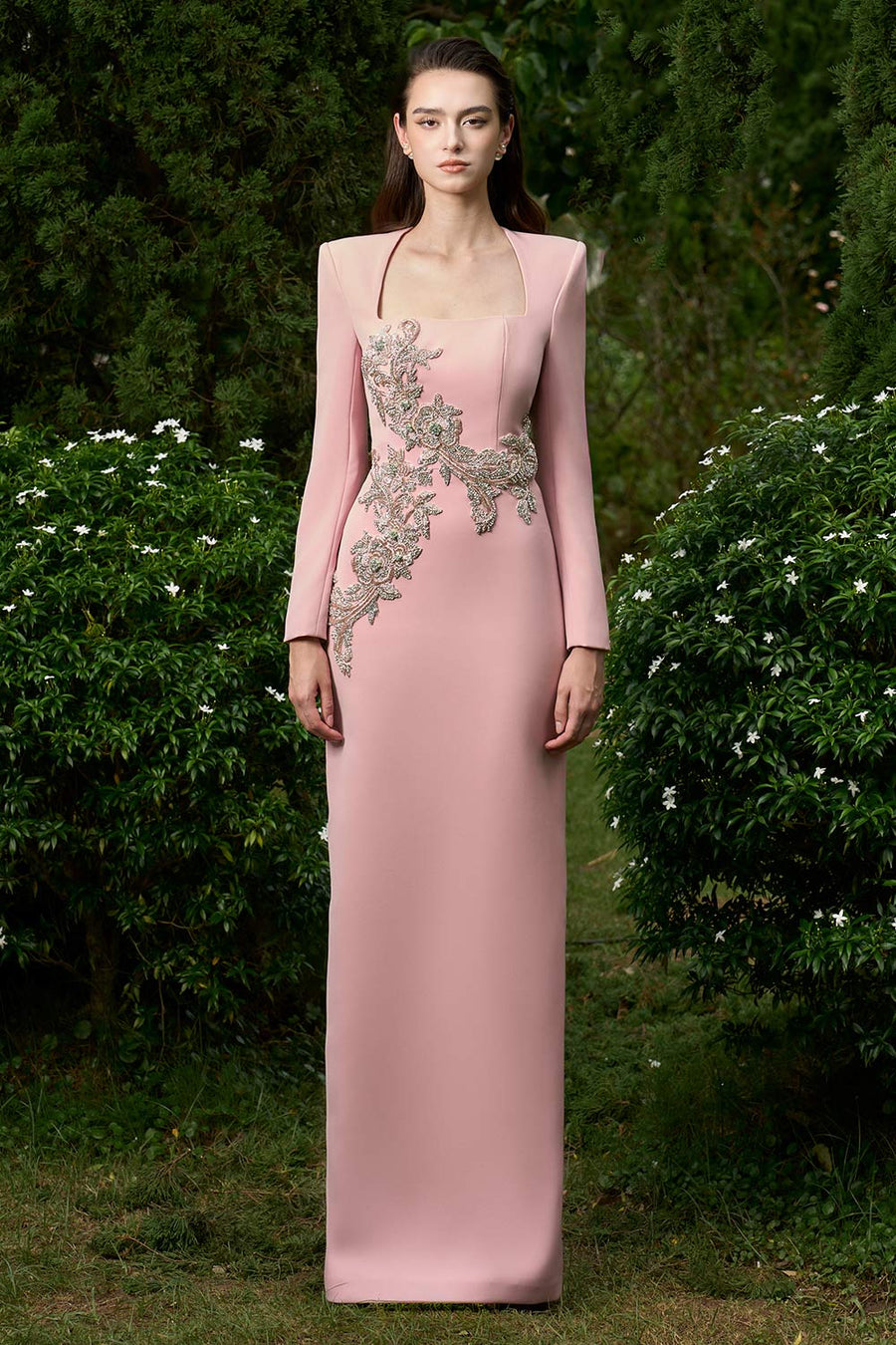 Cheyenne Sheath Queen Anne Neck Crepe Floor Length Dress Gown Dress I.H.F Atelier