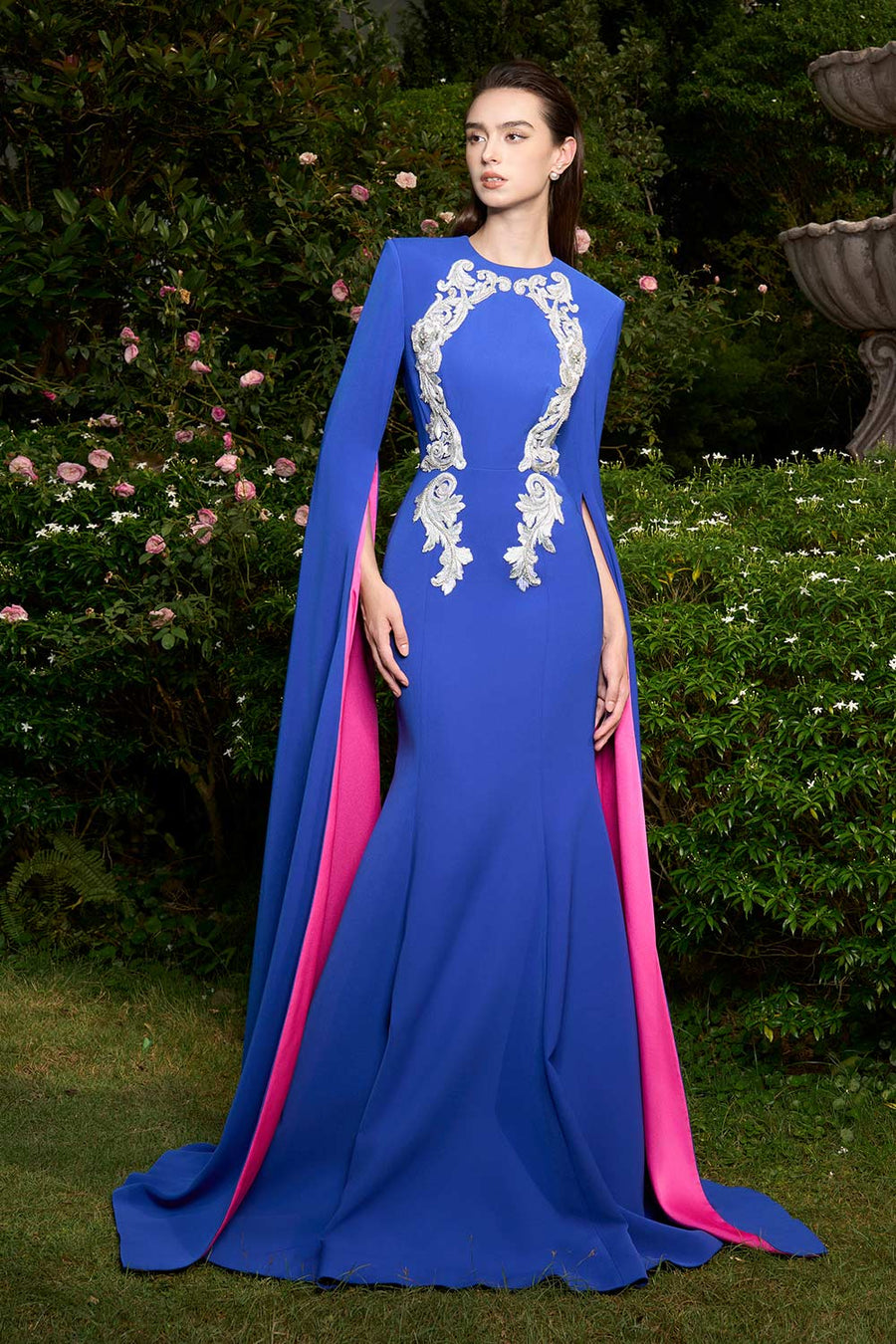Ashlynn Mermaid Hanging Sleeved Silk Crepe Extra Long Length Dress Gown Dress I.H.F Atelier