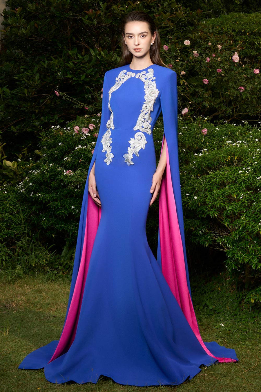 Ashlynn Mermaid Hanging Sleeved Silk Crepe Extra Long Length Dress Gown Dress I.H.F Atelier
