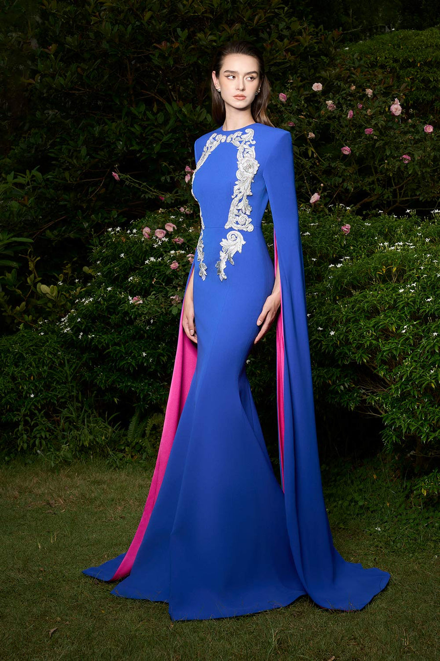 Ashlynn Mermaid Hanging Sleeved Silk Crepe Extra Long Length Dress Gown Dress I.H.F Atelier