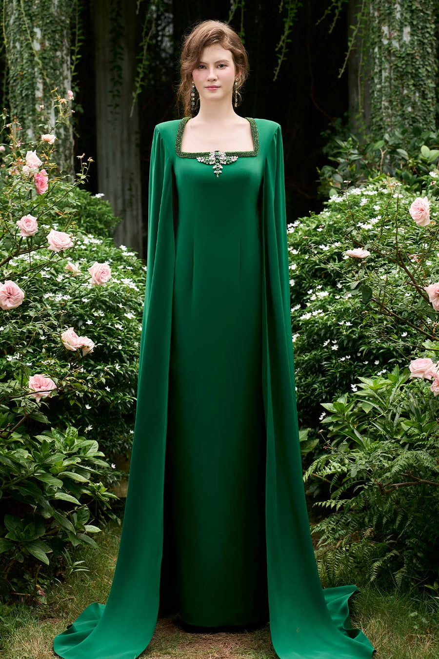 Samara Sheath Cape Sleeved Crepe Floor Length Dress Gown Dress I.H.F Atelier