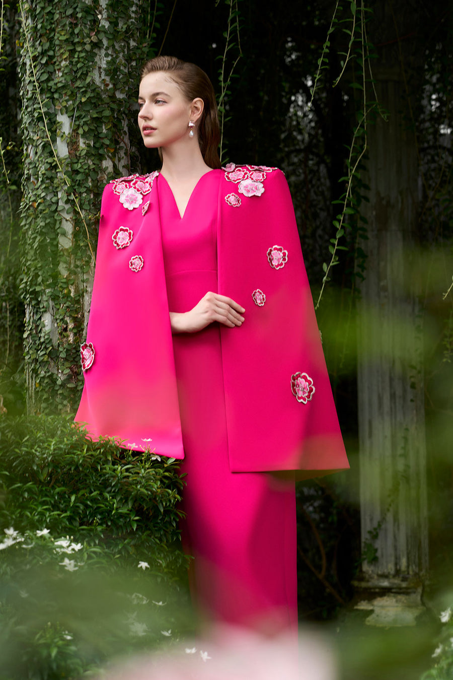 Anne Sheath Cape Sleeved Crepe Floor Length Dress Fuchsia Gown Dress I.H.F Atelier