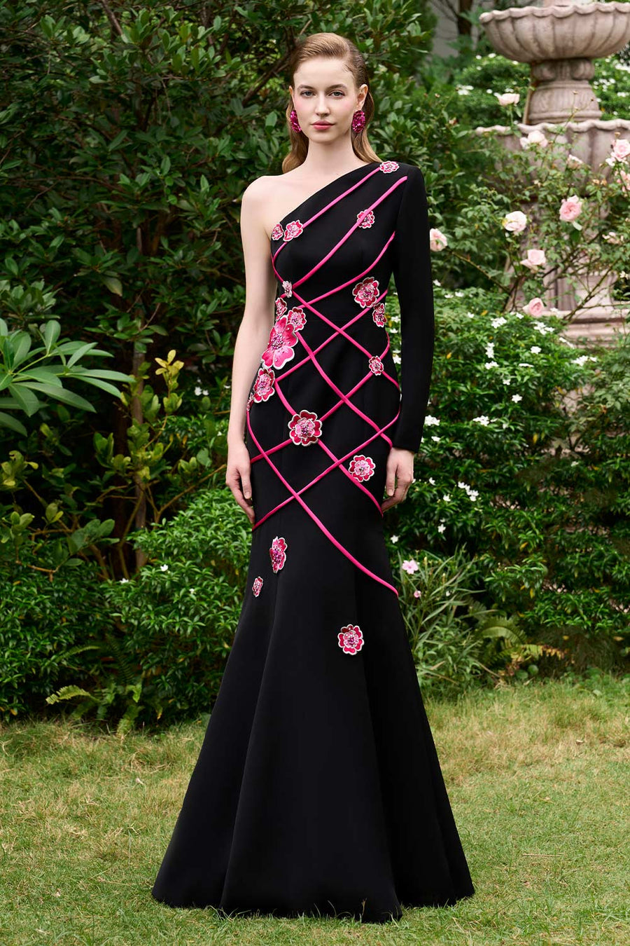 Lyanna Mermaid Asymmetric Sleeved Silk Crepe Floor Length Dress Gown Dress I.H.F Atelier