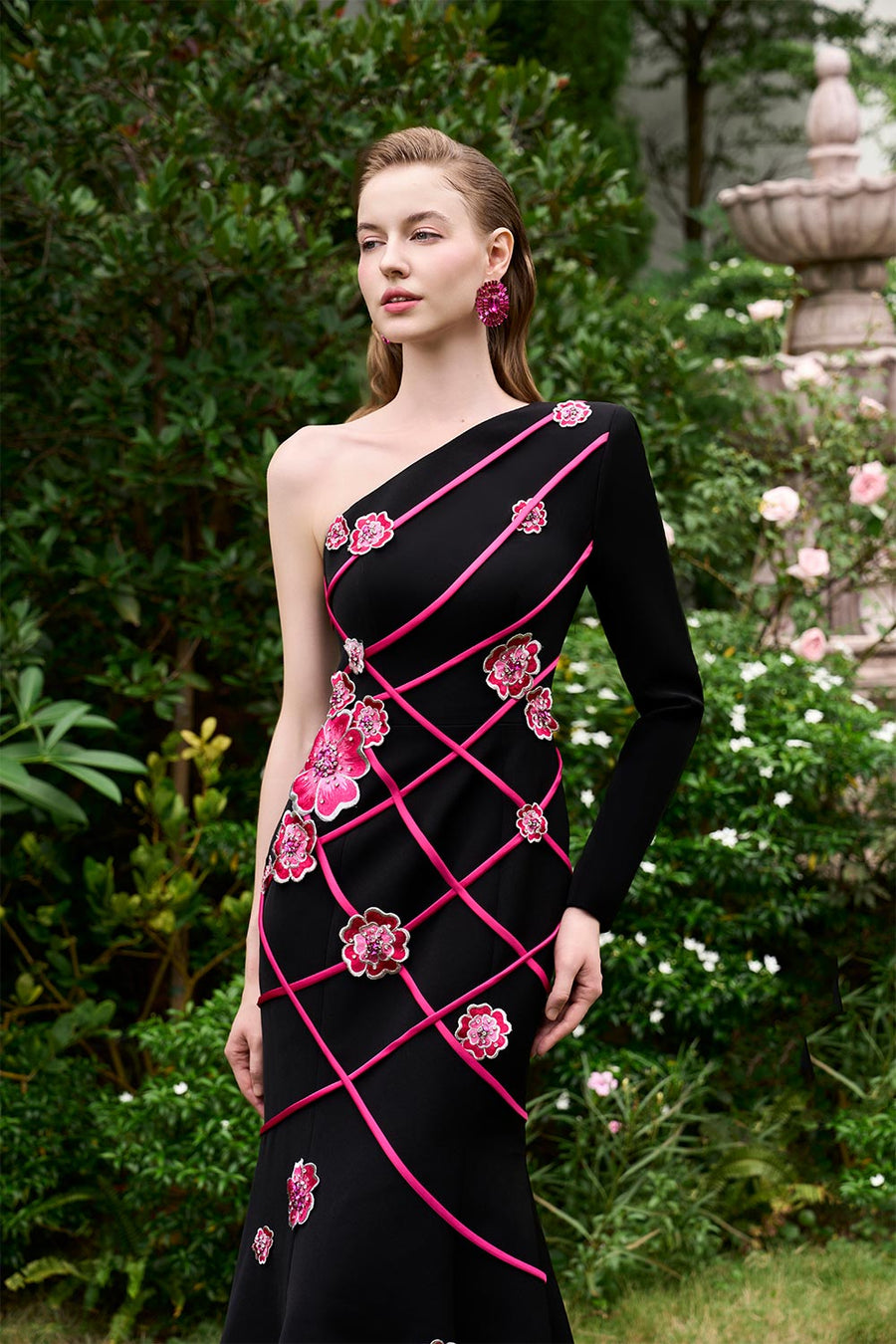 Lyanna Mermaid Asymmetric Sleeved Silk Crepe Floor Length Dress Gown Dress I.H.F Atelier